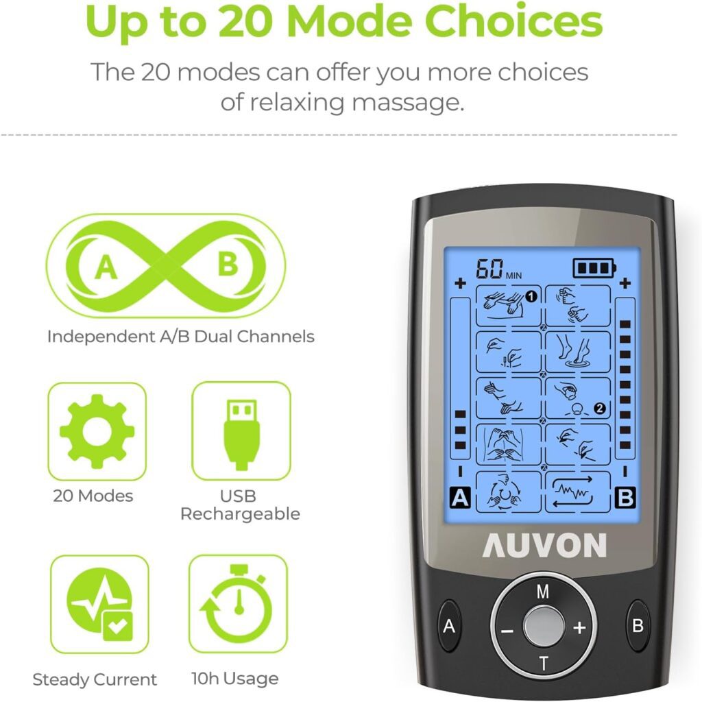 AUVON Dual Channel TENS Unit Muscle Stimulator Machine with 20 Modes, 2 and 2x4 TENS Unit Electrode Pads AUVON Dual Channel TENS Unit Muscle Stimulator Machine with 20 Modes, 2 and 2x4 TENS Unit Electrode Pads
