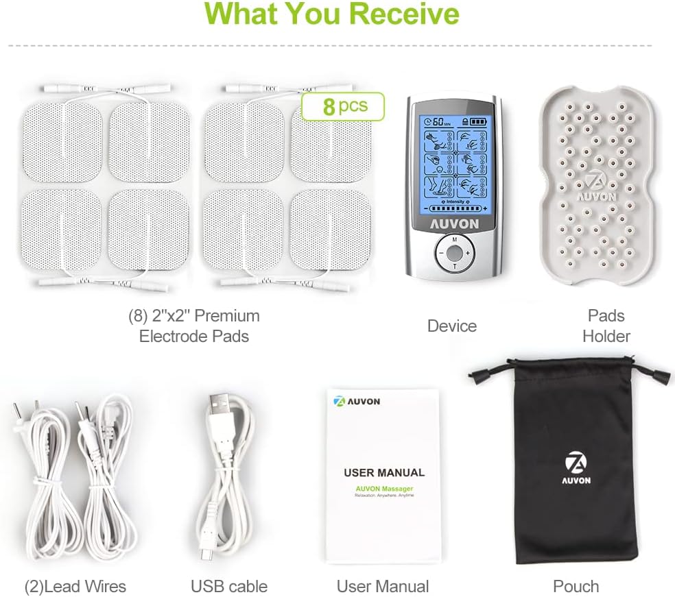 AUVON Rechargeable TENS Unit Muscle Stimulator, 24 Modes 4th Gen TENS Machine with 8pcs 2x2 Premium Electrode Pads for Pain Relief AUVON Rechargeable TENS Unit Muscle Stimulator, 24 Modes 4th Gen TENS Machine with 8pcs 2x2 Premium Electrode Pads for Pain Relief