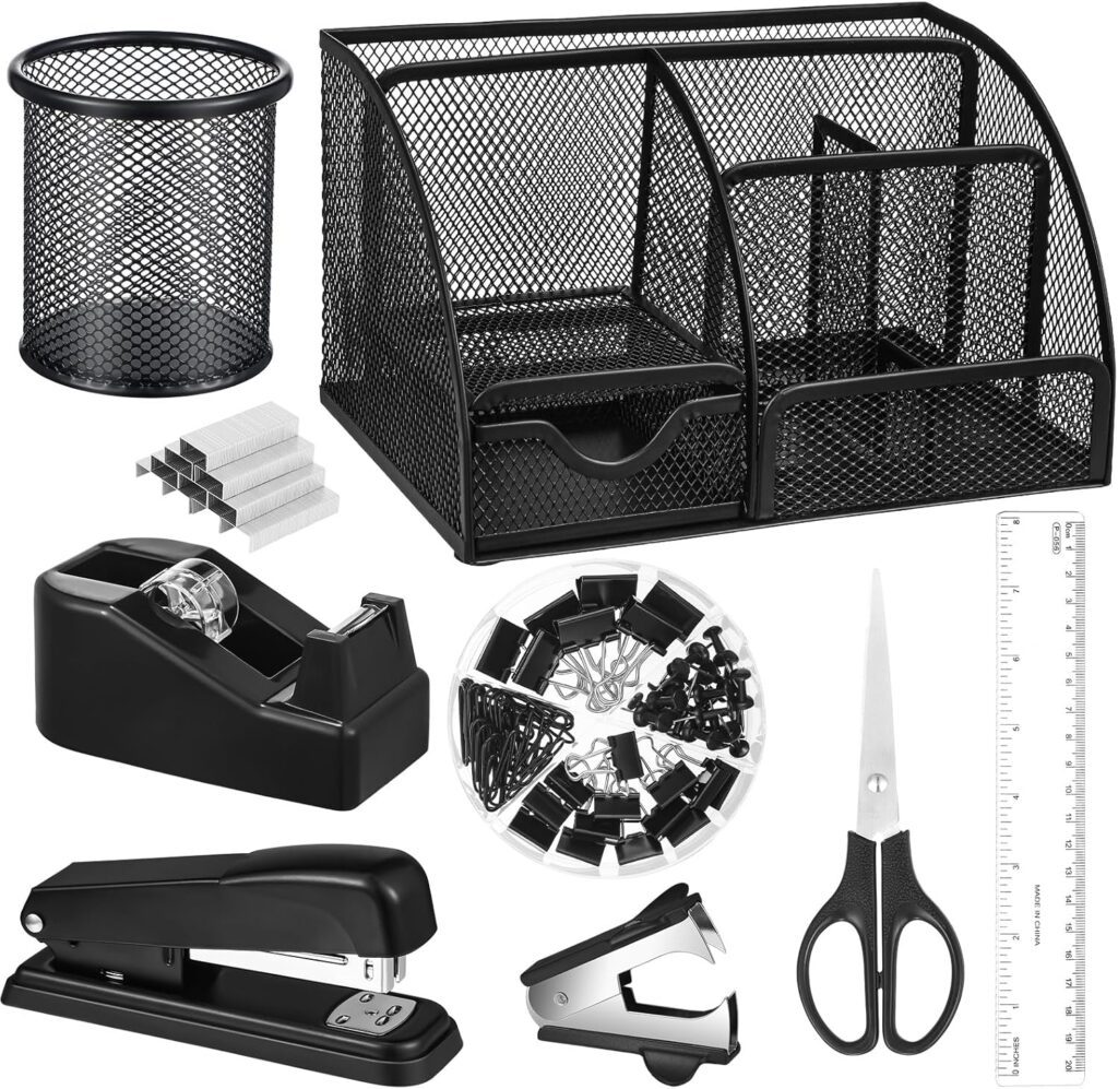 Black Desk Organizer and Accessories, Black Desk Asccessories Office Supply Kit Include Mesh Desktop Organizer Stapler 1000 Staples Tape Dispenser Pen Holder Staple Remover Clips Ruler Scissors Black Desk Organizer and Accessories, Black Desk Asccessories Office Supply Kit Include Mesh Desktop Organizer Stapler 1000 Staples Tape Dispenser Pen Holder Staple Remover Clips Ruler Scissors