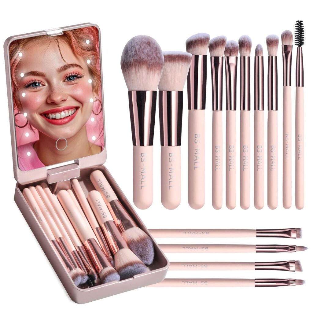 BS-MALL Travel Makeup Brush Set Foundation Powder Concealers Eye Shadows Makeup Set with LED light Mirror 14 Pcs Mini Makeup Brushes (APINK) BS-MALL Travel Makeup Brush Set Foundation Powder Concealers Eye Shadows Makeup Set with LED light Mirror 14 Pcs Mini Makeup Brushes (APINK)