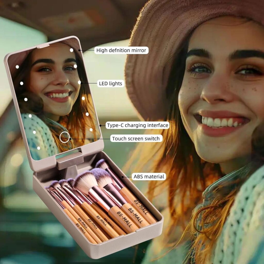 BS-MALL Travel Makeup Brush Set Foundation Powder Concealers Eye Shadows Makeup Set with LED light Mirror 14 Pcs Mini Makeup Brushes (APINK) BS-MALL Travel Makeup Brush Set Foundation Powder Concealers Eye Shadows Makeup Set with LED light Mirror 14 Pcs Mini Makeup Brushes (APINK)