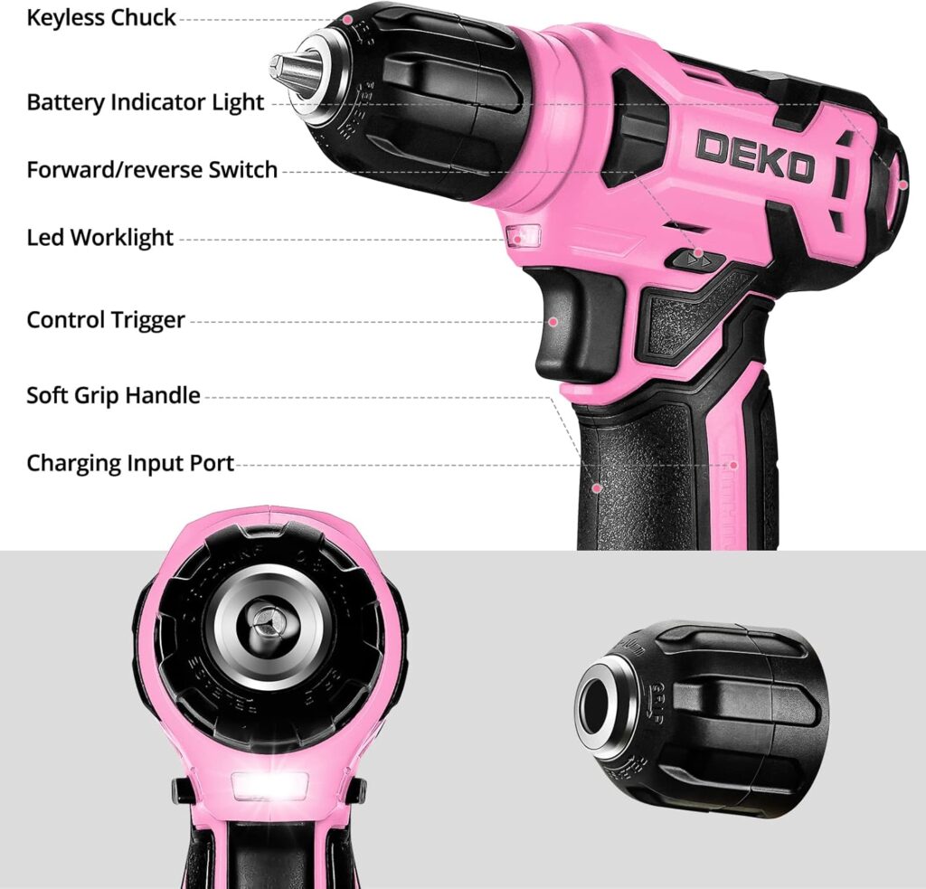 DEKOPRO Drill Set: Tool Set with 8V Pink Cordless Drill, Home Tool Kit with Drill, Hand Tool Kits for Women 126 Piece DEKOPRO Drill Set: Tool Set with 8V Pink Cordless Drill, Home Tool Kit with Drill, Hand Tool Kits for Women 126 Piece