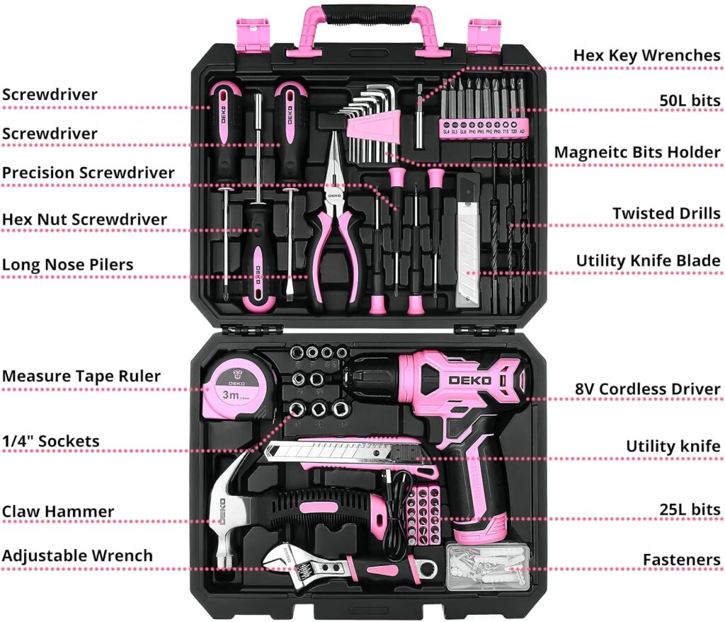 DEKOPRO Drill Set: Tool Set with 8V Pink Cordless Drill, Home Tool Kit with Drill, Hand Tool Kits for Women 126 Piece DEKOPRO Drill Set: Tool Set with 8V Pink Cordless Drill, Home Tool Kit with Drill, Hand Tool Kits for Women 126 Piece