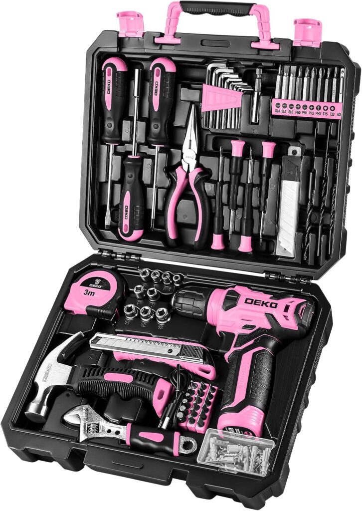 DEKOPRO Drill Set: Tool Set with 8V Pink Cordless Drill, Home Tool Kit with Drill, Hand Tool Kits for Women 126 Piece DEKOPRO Drill Set: Tool Set with 8V Pink Cordless Drill, Home Tool Kit with Drill, Hand Tool Kits for Women 126 Piece