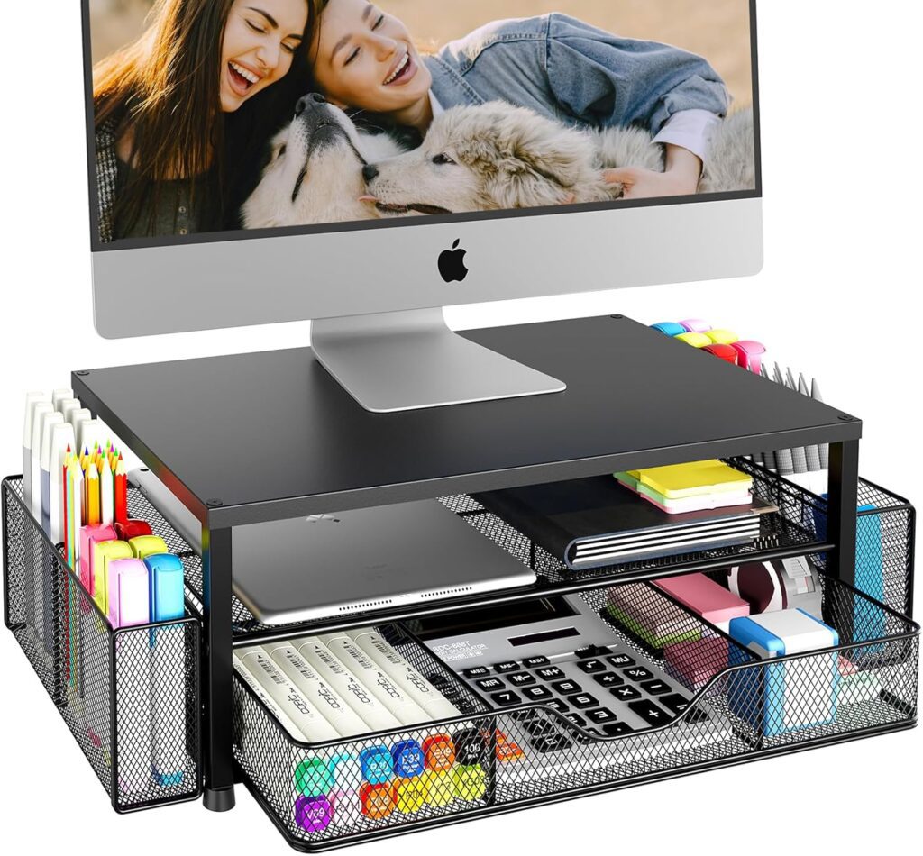 Desk Organizers and Accessories, 2-Tier Computer Monitor Stand for Desk Organizer with Drawer and 2 Pen Holders, Office Desk Accessories Workspace Desktop Organizers for Office Supplies, Black Desk Organizers and Accessories, 2-Tier Computer Monitor Stand for Desk Organizer with Drawer and 2 Pen Holders, Office Desk Accessories Workspace Desktop Organizers for Office Supplies, Black