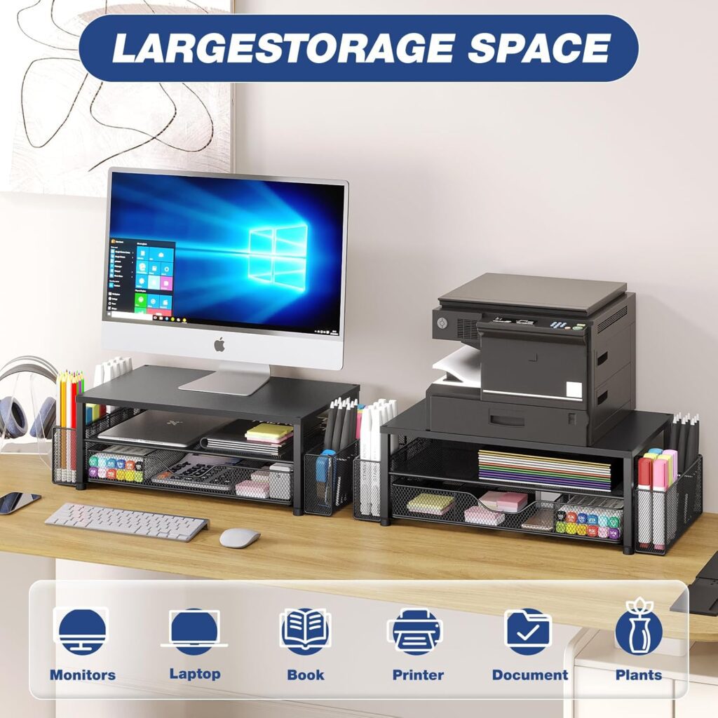 Desk Organizers and Accessories, 2-Tier Computer Monitor Stand for Desk Organizer with Drawer and 2 Pen Holders, Office Desk Accessories Workspace Desktop Organizers for Office Supplies, Black Desk Organizers and Accessories, 2-Tier Computer Monitor Stand for Desk Organizer with Drawer and 2 Pen Holders, Office Desk Accessories Workspace Desktop Organizers for Office Supplies, Black