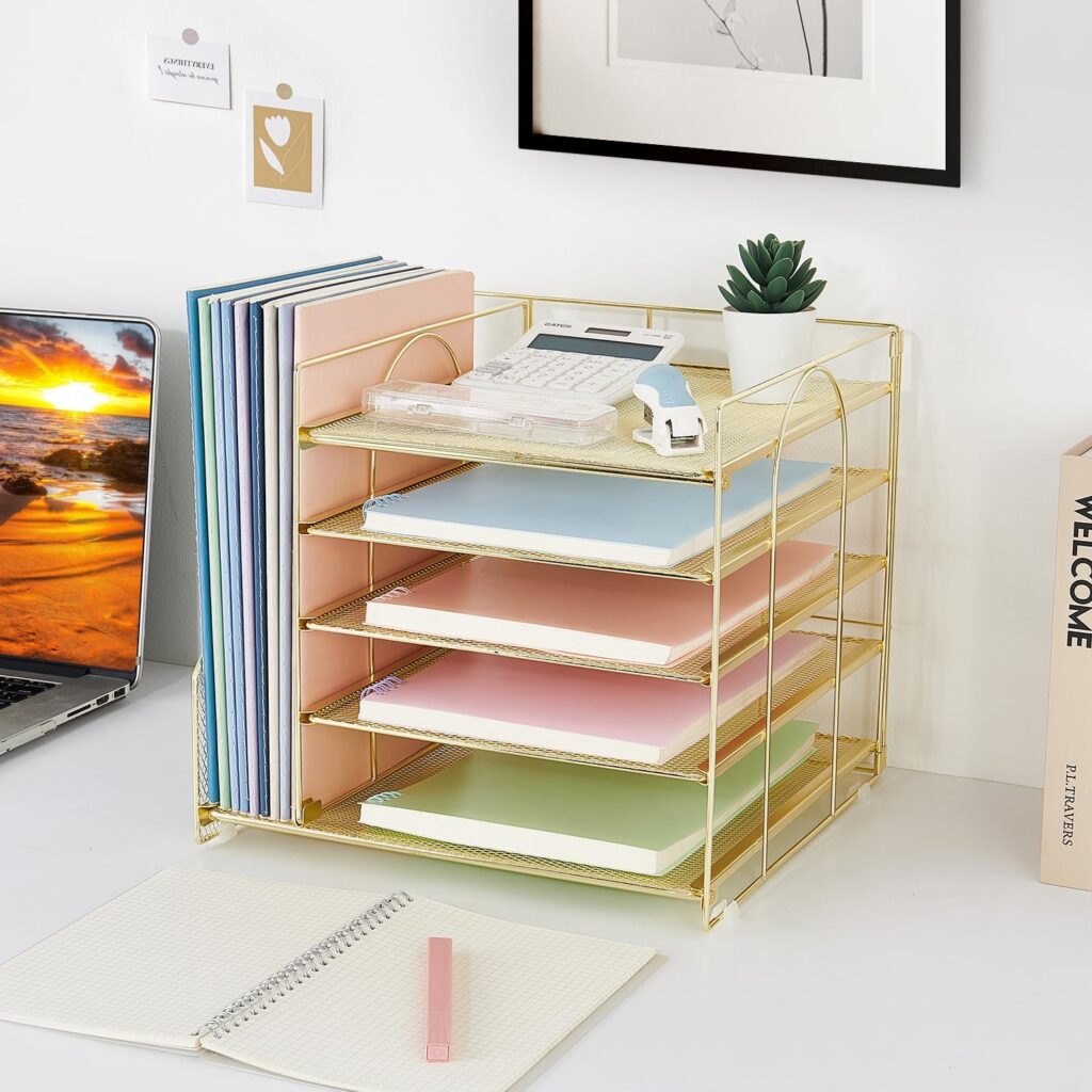 Desk Organizers and Accessories, 5-Tier Paper Letter Tray Organizer with File Holder, Desktop Organizer for Office Supplies, Office Desk Accessories Workspace (Rose Gold) Desk Organizers and Accessories, 5-Tier Paper Letter Tray Organizer with File Holder, Desktop Organizer for Office Supplies, Office Desk Accessories Workspace (Rose Gold)