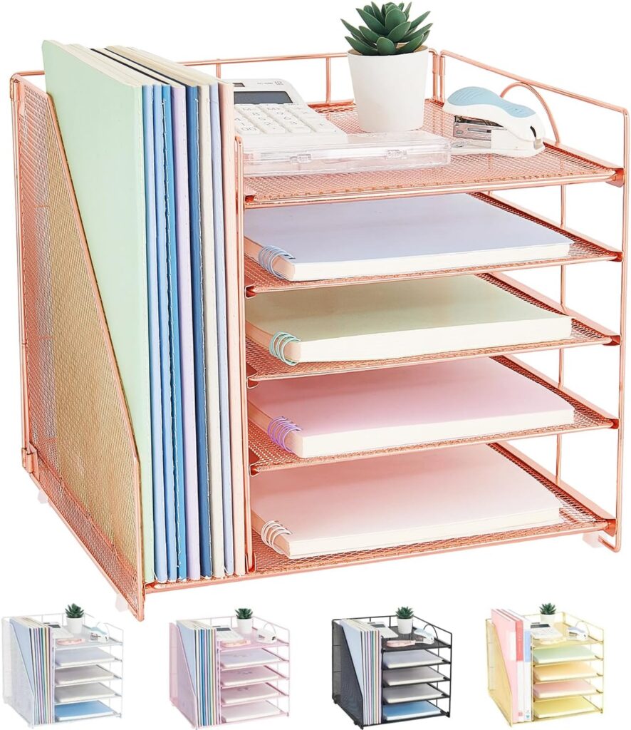 Desk Organizers and Accessories, 5-Tier Paper Letter Tray Organizer with File Holder, Desktop Organizer for Office Supplies, Office Desk Accessories Workspace (Rose Gold) Desk Organizers and Accessories, 5-Tier Paper Letter Tray Organizer with File Holder, Desktop Organizer for Office Supplies, Office Desk Accessories Workspace (Rose Gold)