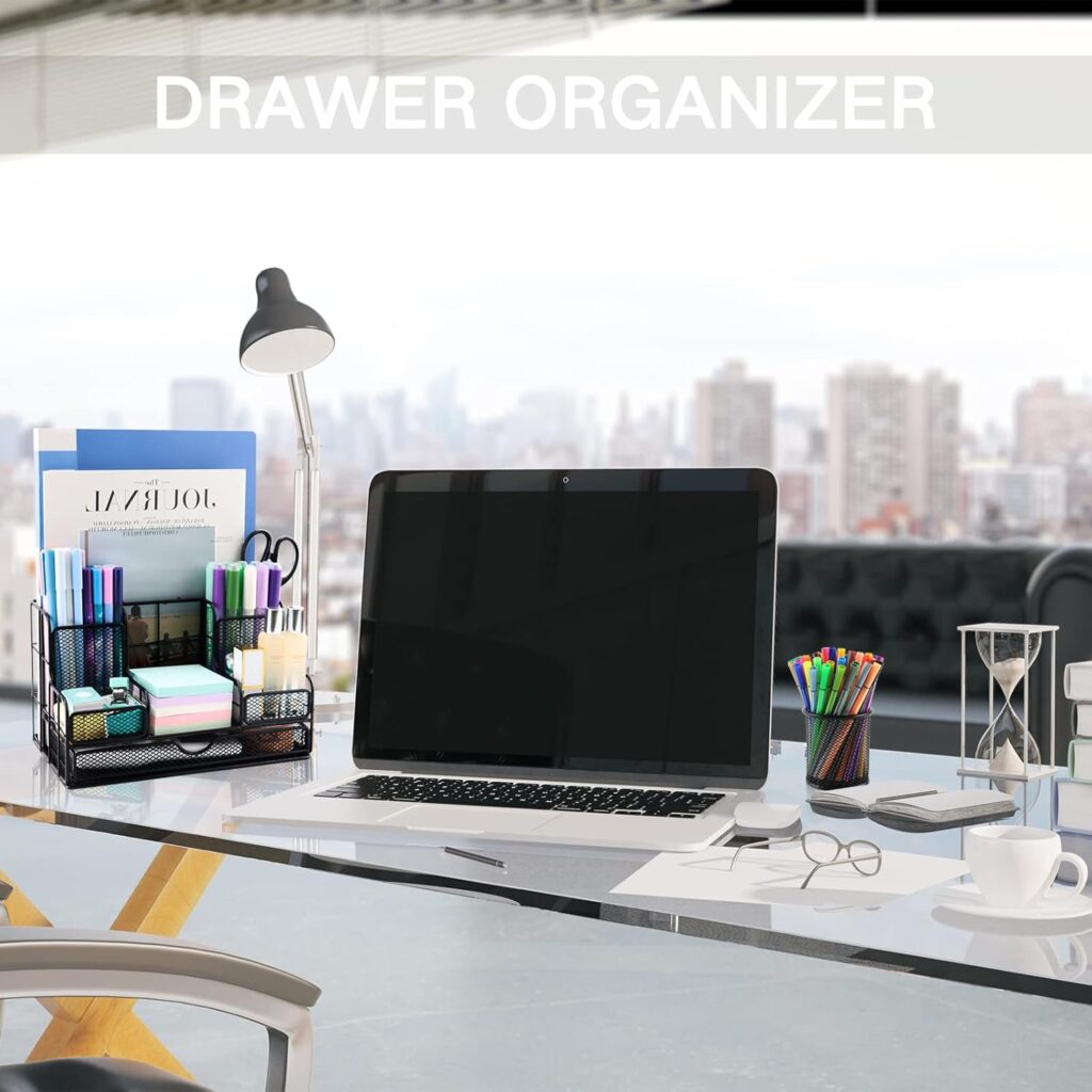 Desk Organizers Caddy and Accessories with 7 Compartments + Pen Holder / 72 Clips Set, Drawer, Black Mesh Office Supplies Desktop Organizer for Home, Office Ect Desk Organizers Caddy and Accessories with 7 Compartments + Pen Holder / 72 Clips Set, Drawer, Black Mesh Office Supplies Desktop Organizer for Home, Office Ect