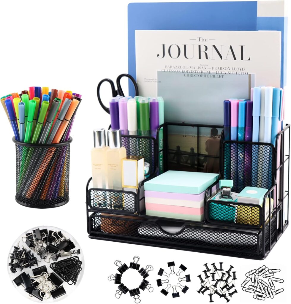 Desk Organizers Caddy and Accessories with 7 Compartments + Pen Holder / 72 Clips Set, Drawer, Black Mesh Office Supplies Desktop Organizer for Home, Office Ect Desk Organizers Caddy and Accessories with 7 Compartments + Pen Holder / 72 Clips Set, Drawer, Black Mesh Office Supplies Desktop Organizer for Home, Office Ect