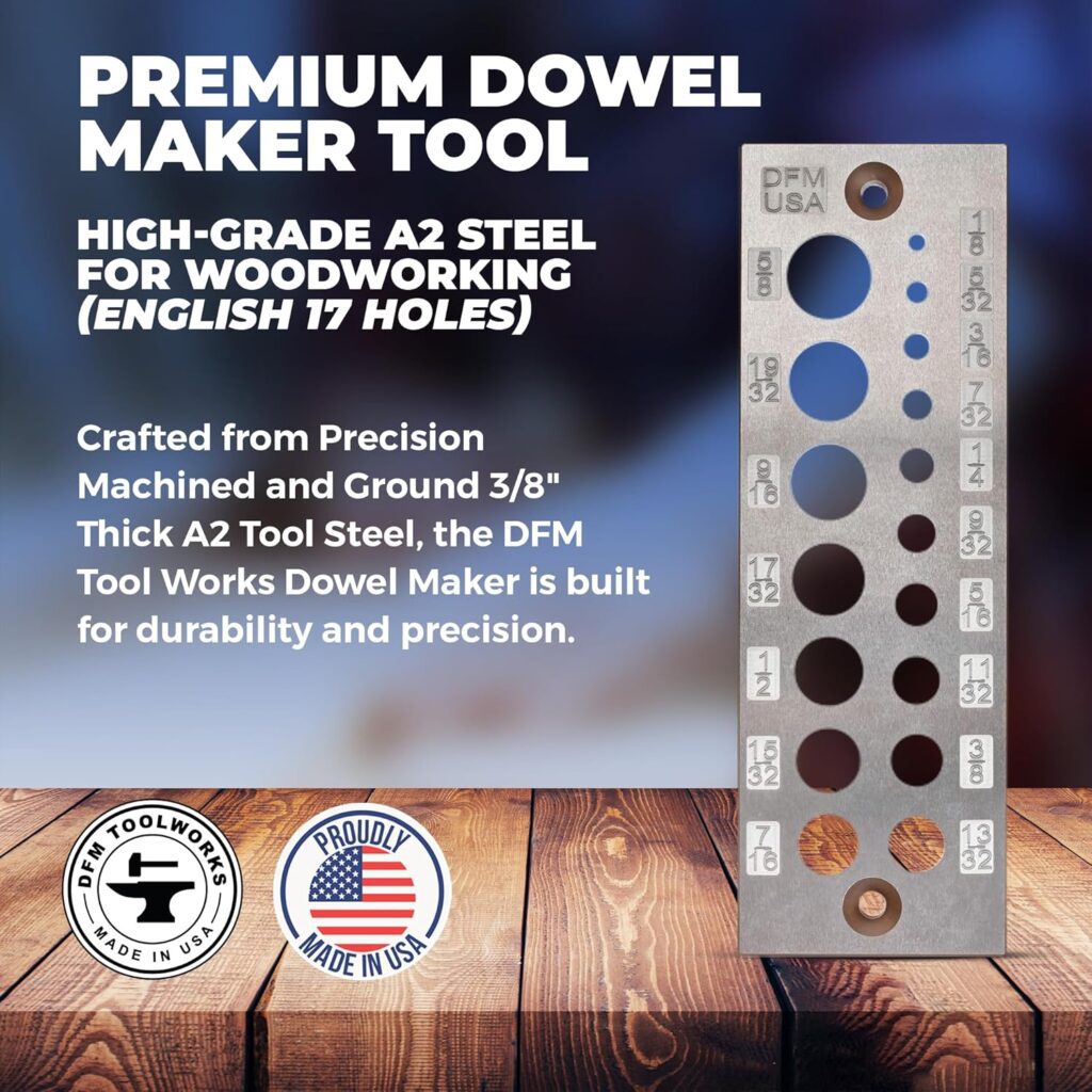Doweling Tool - Premium Dowel Maker Tool, Versatile Dowel Plate, High-Grade A2 Steel for Woodworking, Made in USA - English 17 Holes, Multi-Size Doweling Tool - Premium Dowel Maker Tool, Versatile Dowel Plate, High-Grade A2 Steel for Woodworking, Made in USA - English 17 Holes, Multi-Size