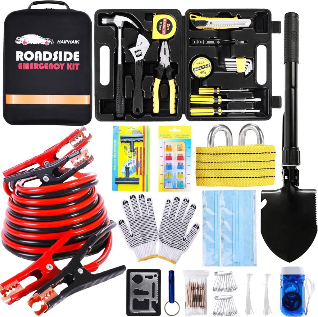 Emergency Roadside Kit for Car,Emergency Kits for Vehicles,Safety Kits for Cars, Car Jumper Cables Kit(11.8 Foot Upgrade) 124 Pcs,Tow Strap, Folding Survival Shovel,Car Tool Kit Emergency Roadside Kit for Car,Emergency Kits for Vehicles,Safety Kits for Cars, Car Jumper Cables Kit(11.8 Foot Upgrade) 124 Pcs,Tow Strap, Folding Survival Shovel,Car Tool Kit