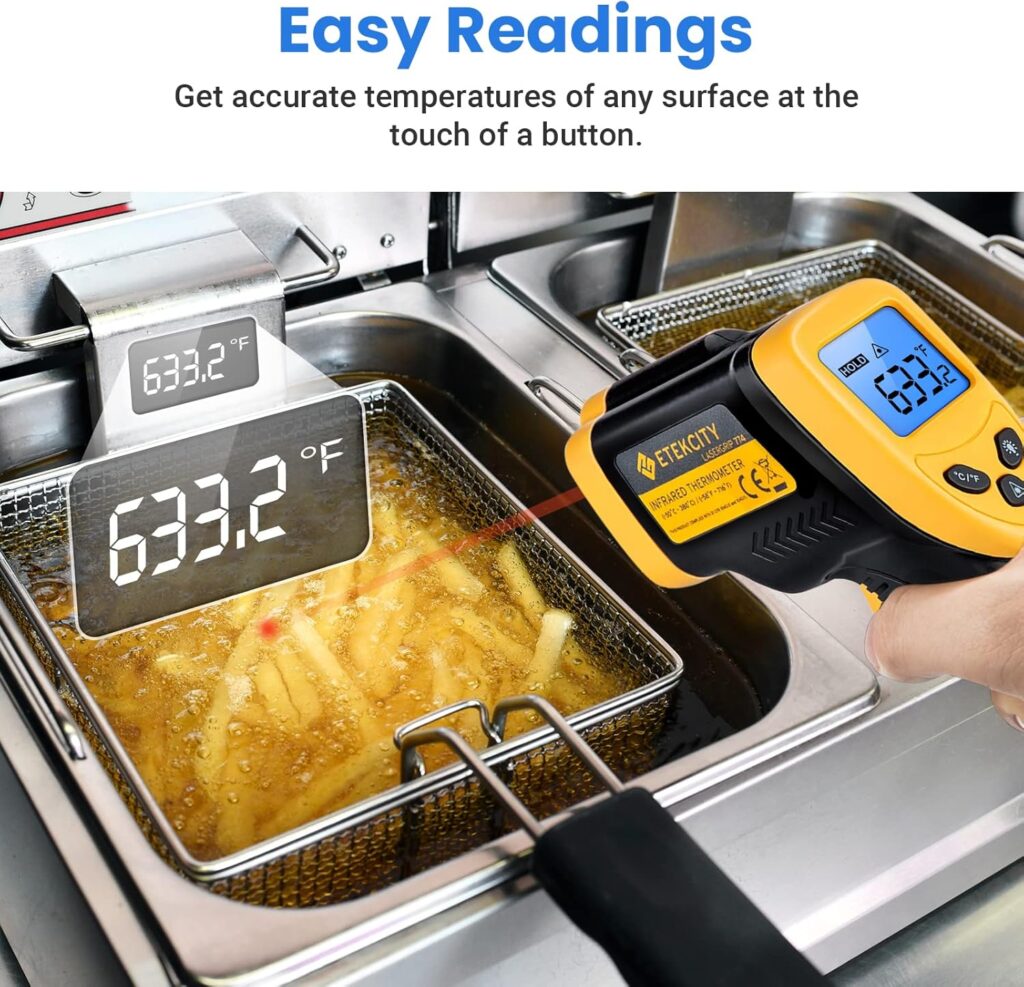 Etekcity Infrared Thermometer Laser Temperature Gun 774, Meat Food Candy Oven Thermometer for Griddle Accessories, Heat Gun for Cooking Refrigerator Tools, Yellow, -58°F to 842°F Etekcity Infrared Thermometer Laser Temperature Gun 774, Meat Food Candy Oven Thermometer for Griddle Accessories, Heat Gun for Cooking Refrigerator Tools, Yellow, -58°F to 842°F