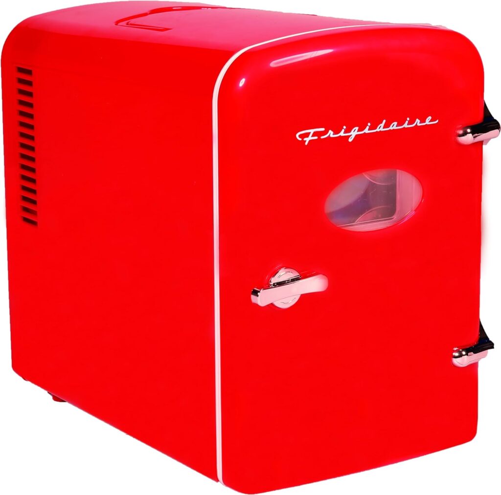 Frigidaire Red Mini Personal Fridge Cooler, 1 Gal Capacity fits Six Cans, Includes Plugs for Home Outlet DC Charger - 9.84 D x 7.09 W x 10.35 H Frigidaire Red Mini Personal Fridge Cooler, 1 Gal Capacity fits Six Cans, Includes Plugs for Home Outlet DC Charger - 9.84 D x 7.09 W x 10.35 H