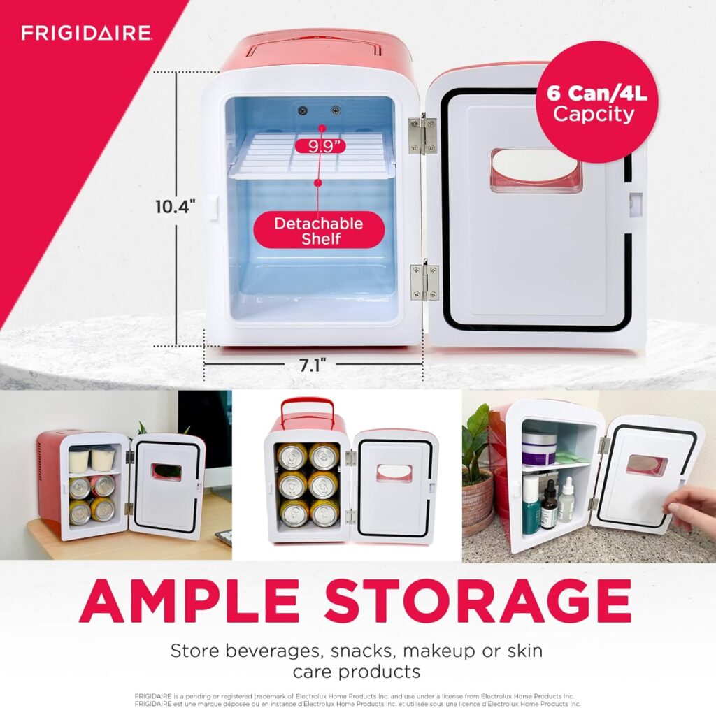 Frigidaire Red Mini Personal Fridge Cooler, 1 Gal Capacity fits Six Cans, Includes Plugs for Home Outlet DC Charger - 9.84 D x 7.09 W x 10.35 H Frigidaire Red Mini Personal Fridge Cooler, 1 Gal Capacity fits Six Cans, Includes Plugs for Home Outlet DC Charger - 9.84 D x 7.09 W x 10.35 H