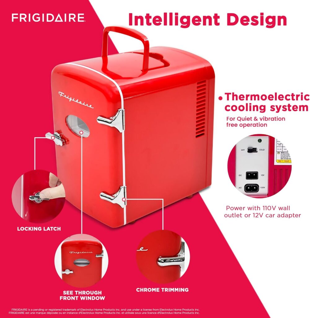 Frigidaire Red Mini Personal Fridge Cooler, 1 Gal Capacity fits Six Cans, Includes Plugs for Home Outlet DC Charger - 9.84 D x 7.09 W x 10.35 H Frigidaire Red Mini Personal Fridge Cooler, 1 Gal Capacity fits Six Cans, Includes Plugs for Home Outlet DC Charger - 9.84 D x 7.09 W x 10.35 H