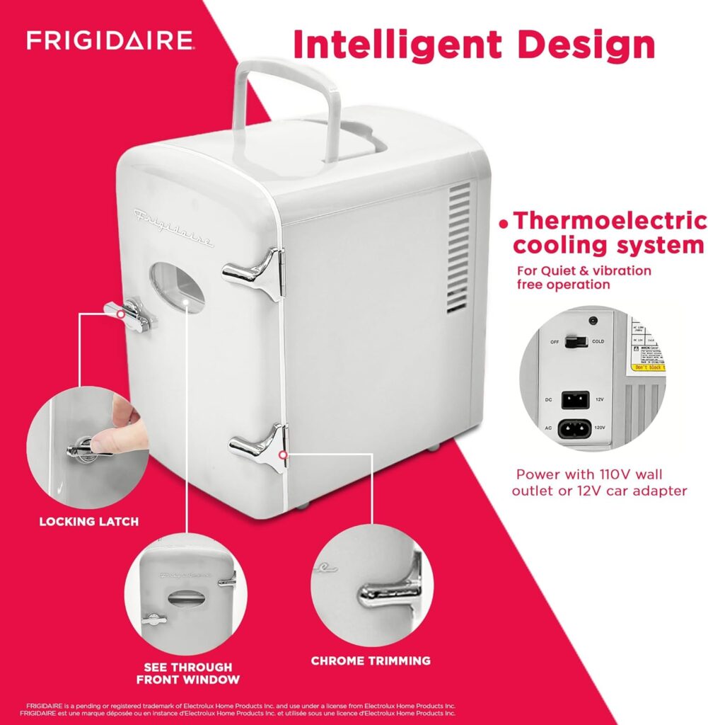 Frigidaire Red Mini Personal Fridge Cooler, 1 Gal Capacity fits Six Cans, Includes Plugs for Home Outlet DC Charger - 9.84 D x 7.09 W x 10.35 H Frigidaire Red Mini Personal Fridge Cooler, 1 Gal Capacity fits Six Cans, Includes Plugs for Home Outlet DC Charger - 9.84 D x 7.09 W x 10.35 H