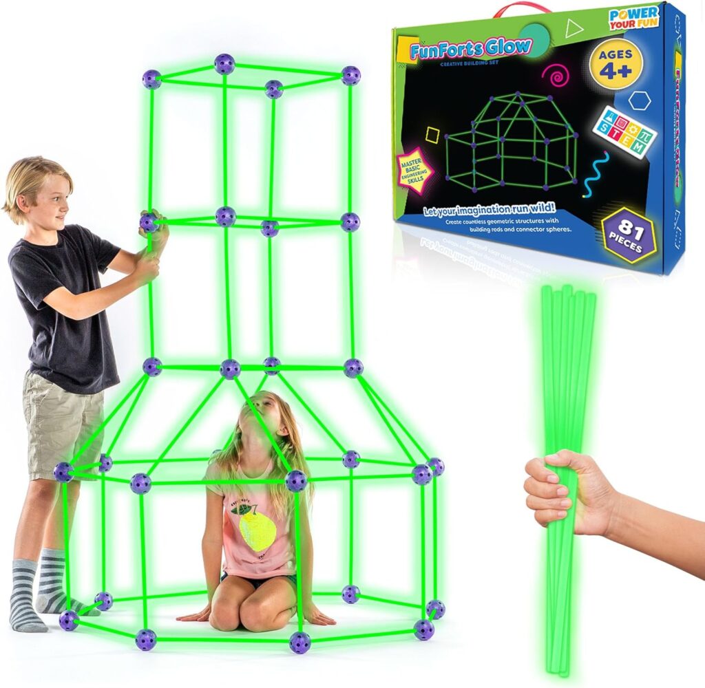 Fun Forts Glow Fort Building Kit for Kids - 81 Pack Glow in The Dark STEM Building Toys Indoor Outdoor Play Tent for Kids Construction Toys with 53 Rods and 28 Spheres Fun Forts Glow Fort Building Kit for Kids - 81 Pack Glow in The Dark STEM Building Toys Indoor Outdoor Play Tent for Kids Construction Toys with 53 Rods and 28 Spheres