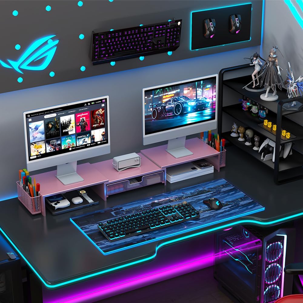 gianotter Dual Monitor Stand Riser, Desk Organizer With Drawer and 2 Pen Holders, Desk Accessories Workspace Organizers, Monitor Stand for Desk, Office Decor Essentials (Purple) gianotter Dual Monitor Stand Riser, Desk Organizer With Drawer and 2 Pen Holders, Desk Accessories Workspace Organizers, Monitor Stand for Desk, Office Decor Essentials (Purple)