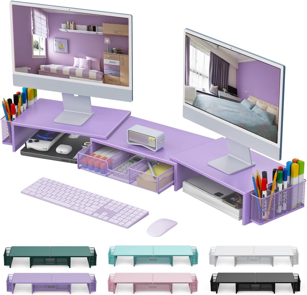 gianotter Dual Monitor Stand Riser, Desk Organizer With Drawer and 2 Pen Holders, Desk Accessories Workspace Organizers, Monitor Stand for Desk, Office Decor Essentials (Purple) gianotter Dual Monitor Stand Riser, Desk Organizer With Drawer and 2 Pen Holders, Desk Accessories Workspace Organizers, Monitor Stand for Desk, Office Decor Essentials (Purple)