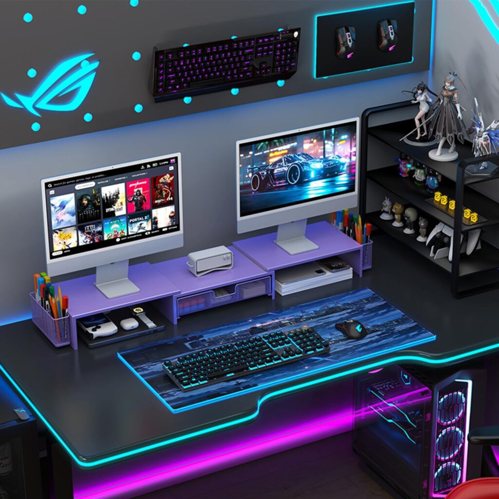 gianotter Dual Monitor Stand Riser, Desk Organizer With Drawer and 2 Pen Holders, Desk Accessories Workspace Organizers, Monitor Stand for Desk, Office Decor Essentials (Purple) gianotter Dual Monitor Stand Riser, Desk Organizer With Drawer and 2 Pen Holders, Desk Accessories Workspace Organizers, Monitor Stand for Desk, Office Decor Essentials (Purple)