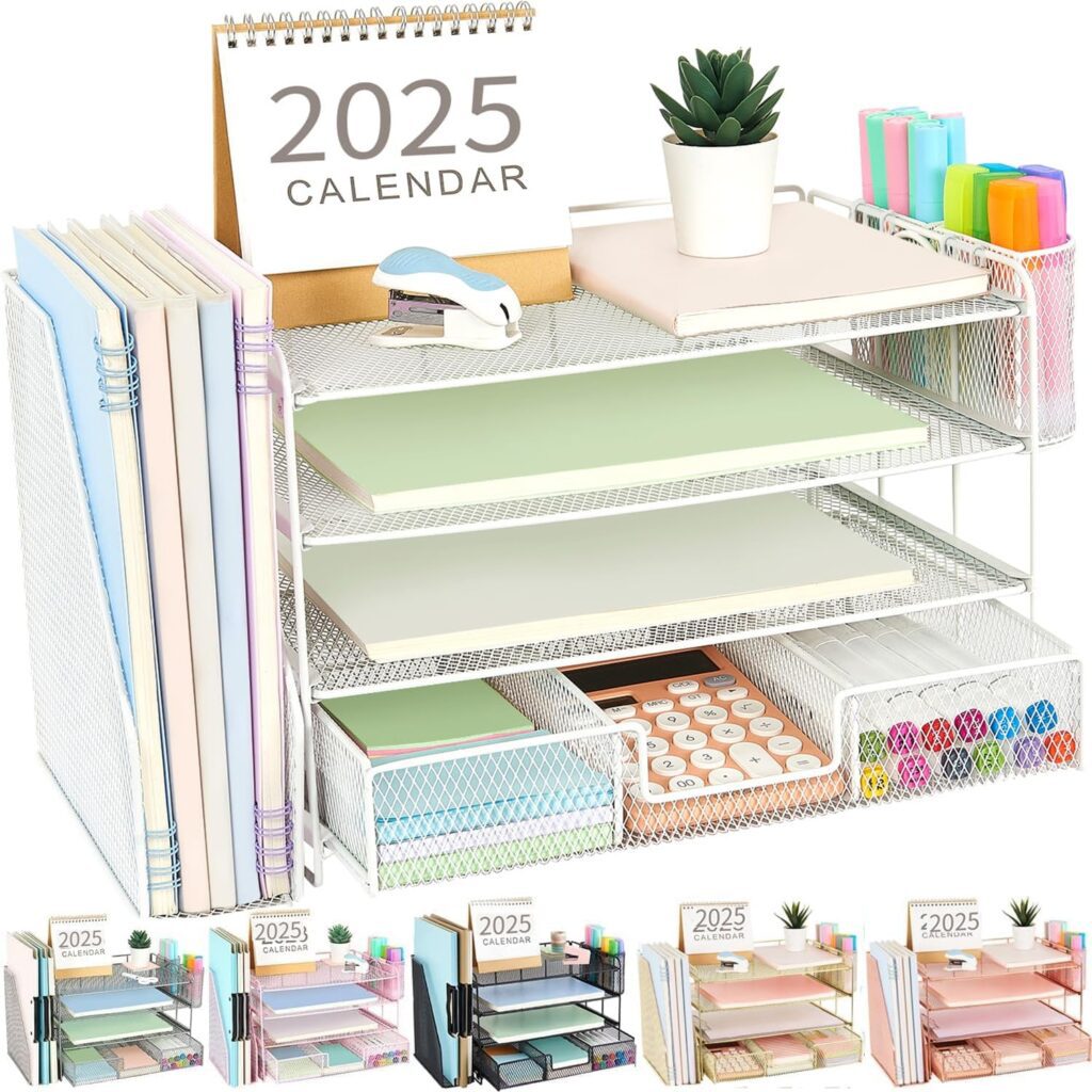 gianotter Paper Letter Tray Organizer with File Holder, 4-Tier Desk Accessories Workspace Organizers with Drawer and 2 Pen Holder, Desk Organizers and Accessories for Office Supplies (White) gianotter Paper Letter Tray Organizer with File Holder, 4-Tier Desk Accessories Workspace Organizers with Drawer and 2 Pen Holder, Desk Organizers and Accessories for Office Supplies (White)