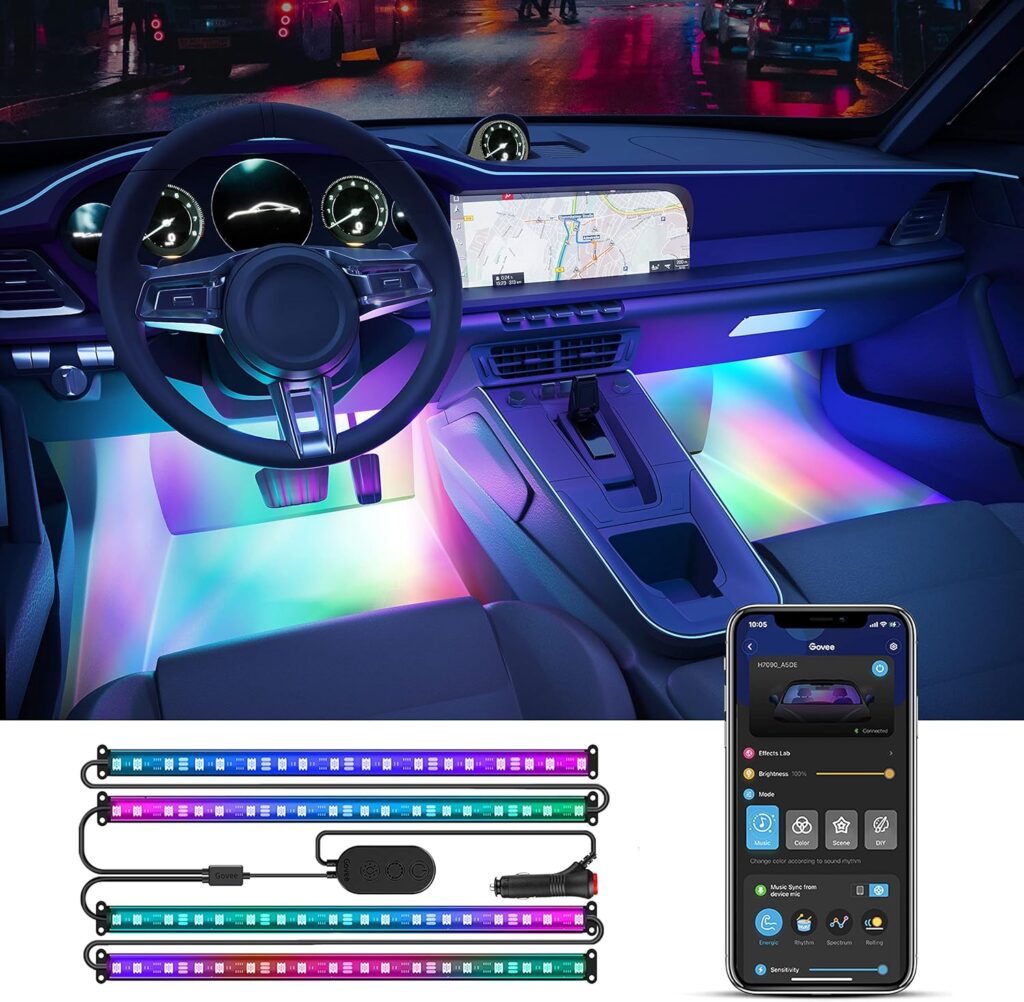 Govee Car LED Strip Lights, Smart RGBIC Interior Car Lights with APP Control, 4 Music Modes, 30 Scene Options and 16 Million Colors, 2 Lines Design LED Lights for Car Decor, DC 12V Govee Car LED Strip Lights, Smart RGBIC Interior Car Lights with APP Control, 4 Music Modes, 30 Scene Options and 16 Million Colors, 2 Lines Design LED Lights for Car Decor, DC 12V