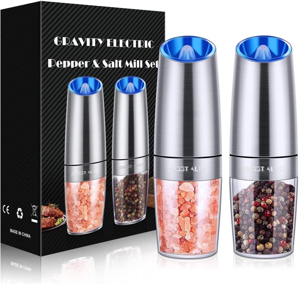 Gravity Electric Pepper and Salt Grinder Set, Salt and Pepper Mill Adjustable Coarseness, Battery Powered with LED Light, One Hand Automatic Operation, Stainless Steel (Set/Silver) Gravity Electric Pepper and Salt Grinder Set, Salt and Pepper Mill Adjustable Coarseness, Battery Powered with LED Light, One Hand Automatic Operation, Stainless Steel (Set/Silver)