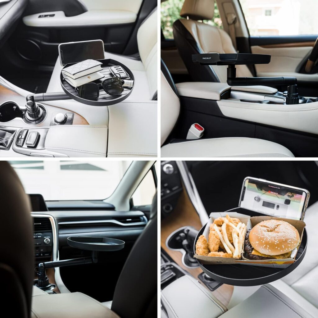 Macally Cup Holder Tray for Car - Adjustable Car Tray Table - Perfect Car Food Tray for Eating with Phone Slot and Swivel Arm - Car Organizer Macally Cup Holder Tray for Car - Adjustable Car Tray Table - Perfect Car Food Tray for Eating with Phone Slot and Swivel Arm - Car Organizer