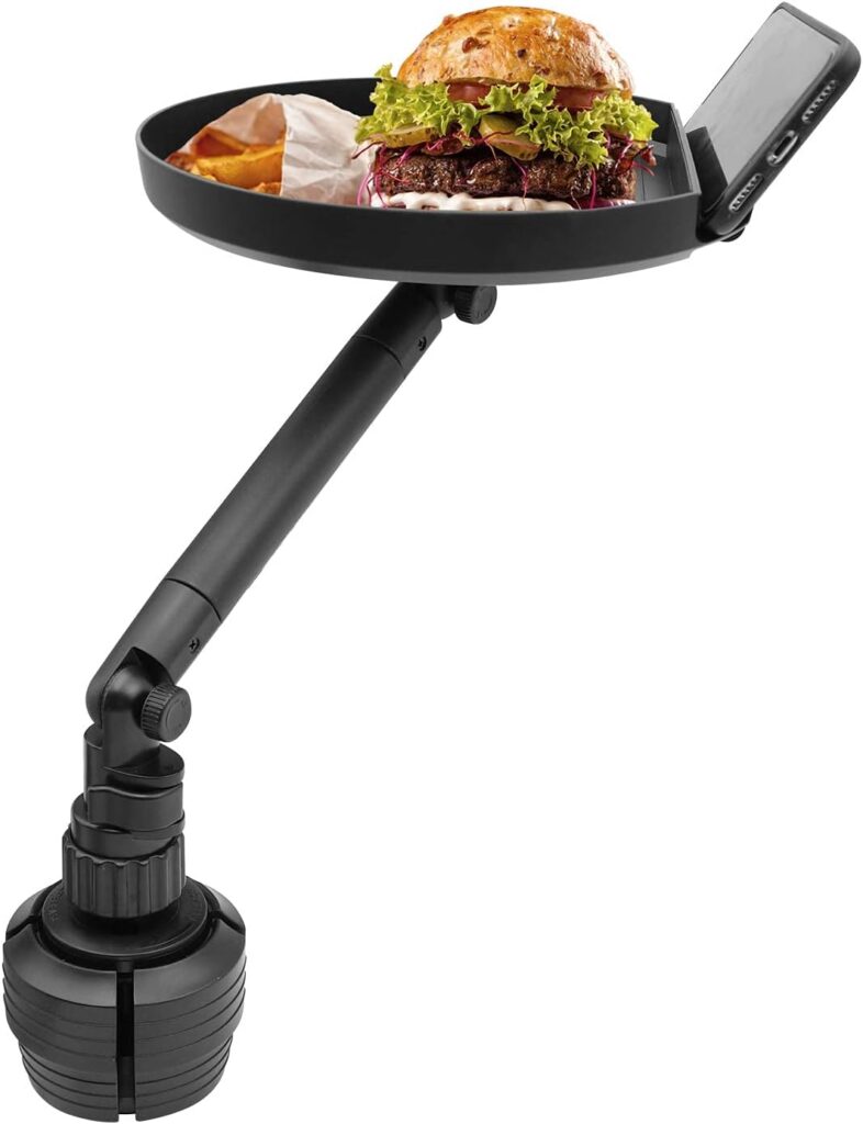 Macally Cup Holder Tray for Car - Adjustable Car Tray Table - Perfect Car Food Tray for Eating with Phone Slot and Swivel Arm - Car Organizer Macally Cup Holder Tray for Car - Adjustable Car Tray Table - Perfect Car Food Tray for Eating with Phone Slot and Swivel Arm - Car Organizer