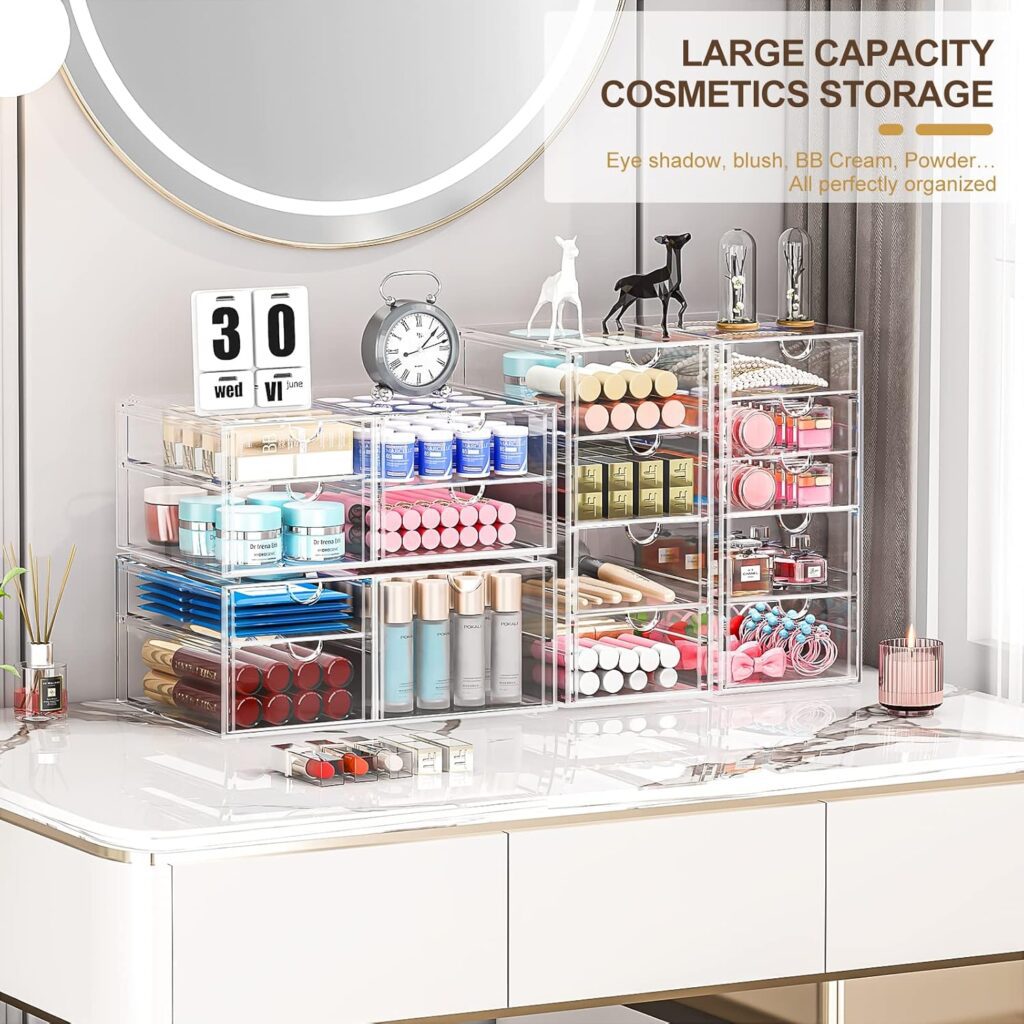 Makeup Organizer With 16 Drawers, 4 Pcs Desktop Office Supplies, Desk Organizers, Clear Desk Accessories, Dustproof Drawer Storage for Make Up, Jewelry, Pen, Stationary Makeup Organizer With 16 Drawers, 4 Pcs Desktop Office Supplies, Desk Organizers, Clear Desk Accessories, Dustproof Drawer Storage for Make Up, Jewelry, Pen, Stationary