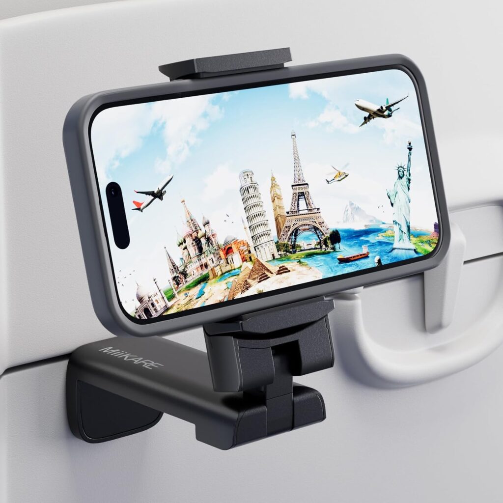 MiiKARE Airplane Travel Essentials Phone Holder, Universal Handsfree Phone Mount for Flying with 360 Degree Rotation, Accessory for Airplane, Travel Must Haves Phone Stand for Desk, Tray Table MiiKARE Airplane Travel Essentials Phone Holder, Universal Handsfree Phone Mount for Flying with 360 Degree Rotation, Accessory for Airplane, Travel Must Haves Phone Stand for Desk, Tray Table