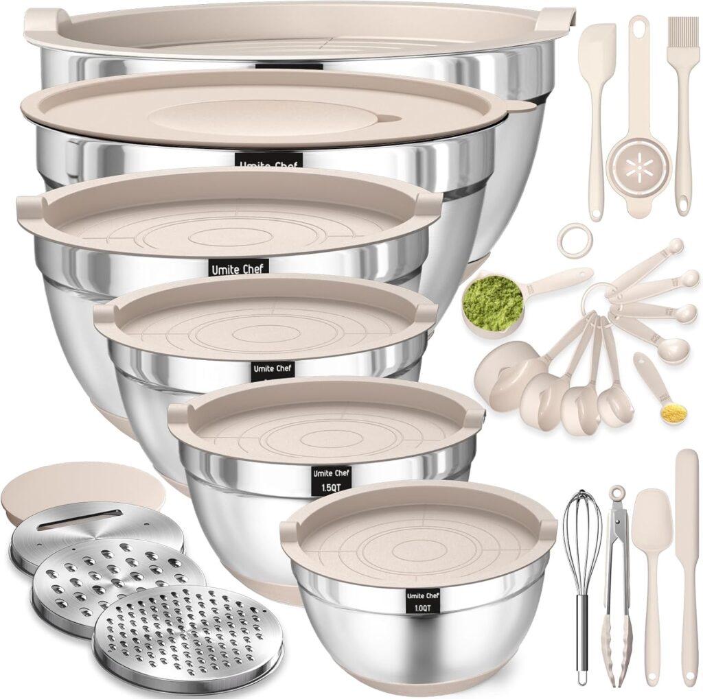 Mixing Bowls with Airtight Lids Set, 26PCS Stainless Steel Khaki Bowls with Grater Attachments, Non-Slip Bottoms Kitchen Gadgets Set, Size 7, 4, 2.5, 2.0,1.5, 1QT, Great for Mixing Serving Mixing Bowls with Airtight Lids Set, 26PCS Stainless Steel Khaki Bowls with Grater Attachments, Non-Slip Bottoms Kitchen Gadgets Set, Size 7, 4, 2.5, 2.0,1.5, 1QT, Great for Mixing Serving