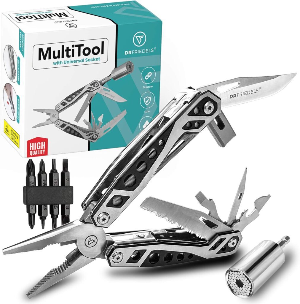 Multi Tool with Universal Socket - 22 in 1 Stainless Steel Multipurpose Tool with Saw, Pocket Knife, Wire Stripper More - Small Tools for DIY Enthusiasts, Hobbyists, Professionals by DrFriedels Multi Tool with Universal Socket - 22 in 1 Stainless Steel Multipurpose Tool with Saw, Pocket Knife, Wire Stripper More - Small Tools for DIY Enthusiasts, Hobbyists, Professionals by DrFriedels