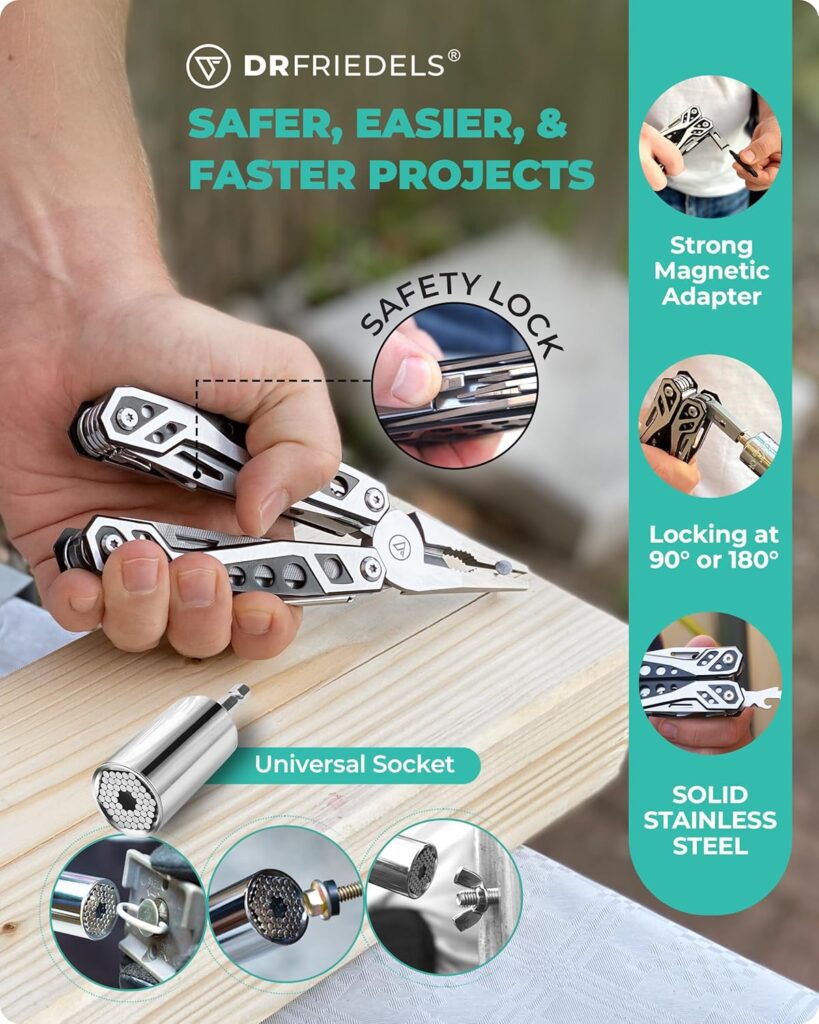 Multi Tool with Universal Socket - 22 in 1 Stainless Steel Multipurpose Tool with Saw, Pocket Knife, Wire Stripper More - Small Tools for DIY Enthusiasts, Hobbyists, Professionals by DrFriedels Multi Tool with Universal Socket - 22 in 1 Stainless Steel Multipurpose Tool with Saw, Pocket Knife, Wire Stripper More - Small Tools for DIY Enthusiasts, Hobbyists, Professionals by DrFriedels