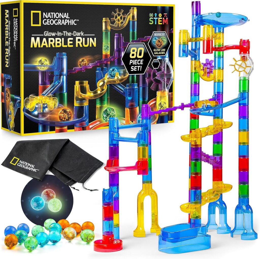 NATIONAL GEOGRAPHIC Glowing Marble Run – Construction Set with 15 Glow in The Dark Glass Marbles Storage Bag, STEM Gifts for Boys and Girls, Building Project Toy (Amazon Exclusive) NATIONAL GEOGRAPHIC Glowing Marble Run – Construction Set with 15 Glow in The Dark Glass Marbles Storage Bag, STEM Gifts for Boys and Girls, Building Project Toy (Amazon Exclusive)