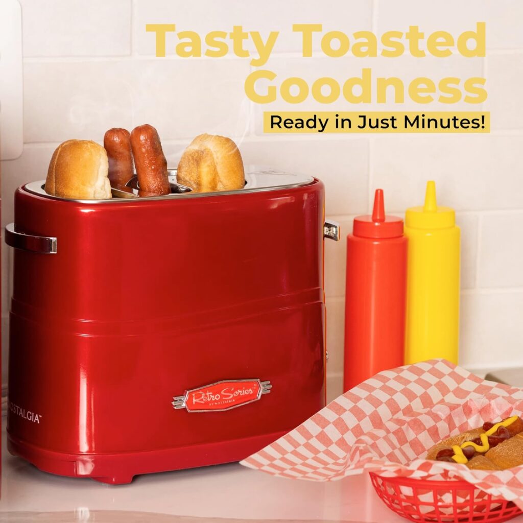 Nostalgia 2 Slot Hot Dog and Bun Toaster with Mini Tongs, Retro Toaster, Cooker that Works Chicken, Turkey, Veggie Links, Sausages Brats, Metallic Red Nostalgia 2 Slot Hot Dog and Bun Toaster with Mini Tongs, Retro Toaster, Cooker that Works Chicken, Turkey, Veggie Links, Sausages Brats, Metallic Red