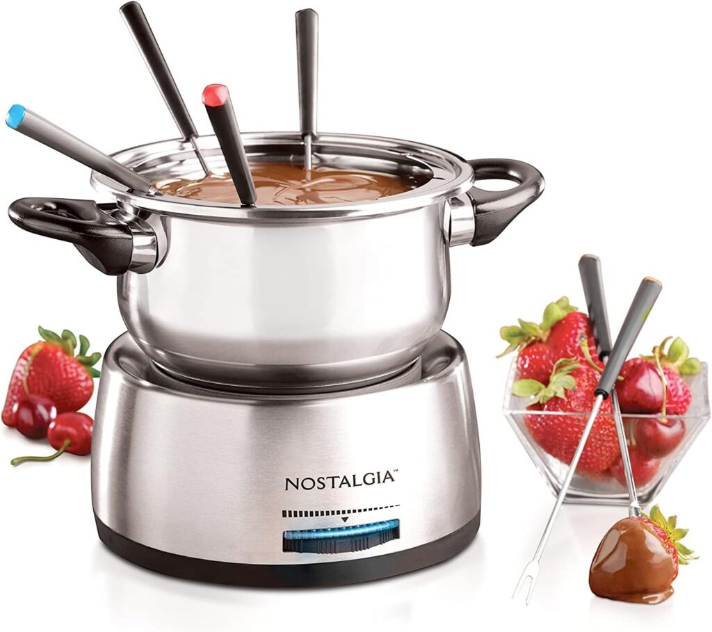 Nostalgia 6-Cup Electric Fondue Pot Set for Cheese Chocolate - 6 Color-Coded Forks, Temperature Control - Stainless Steel Kitchen Gadgets and Appliances for Hors dOeuvres and More - Stainless Steel Nostalgia 6-Cup Electric Fondue Pot Set for Cheese Chocolate - 6 Color-Coded Forks, Temperature Control - Stainless Steel Kitchen Gadgets and Appliances for Hors dOeuvres and More - Stainless Steel