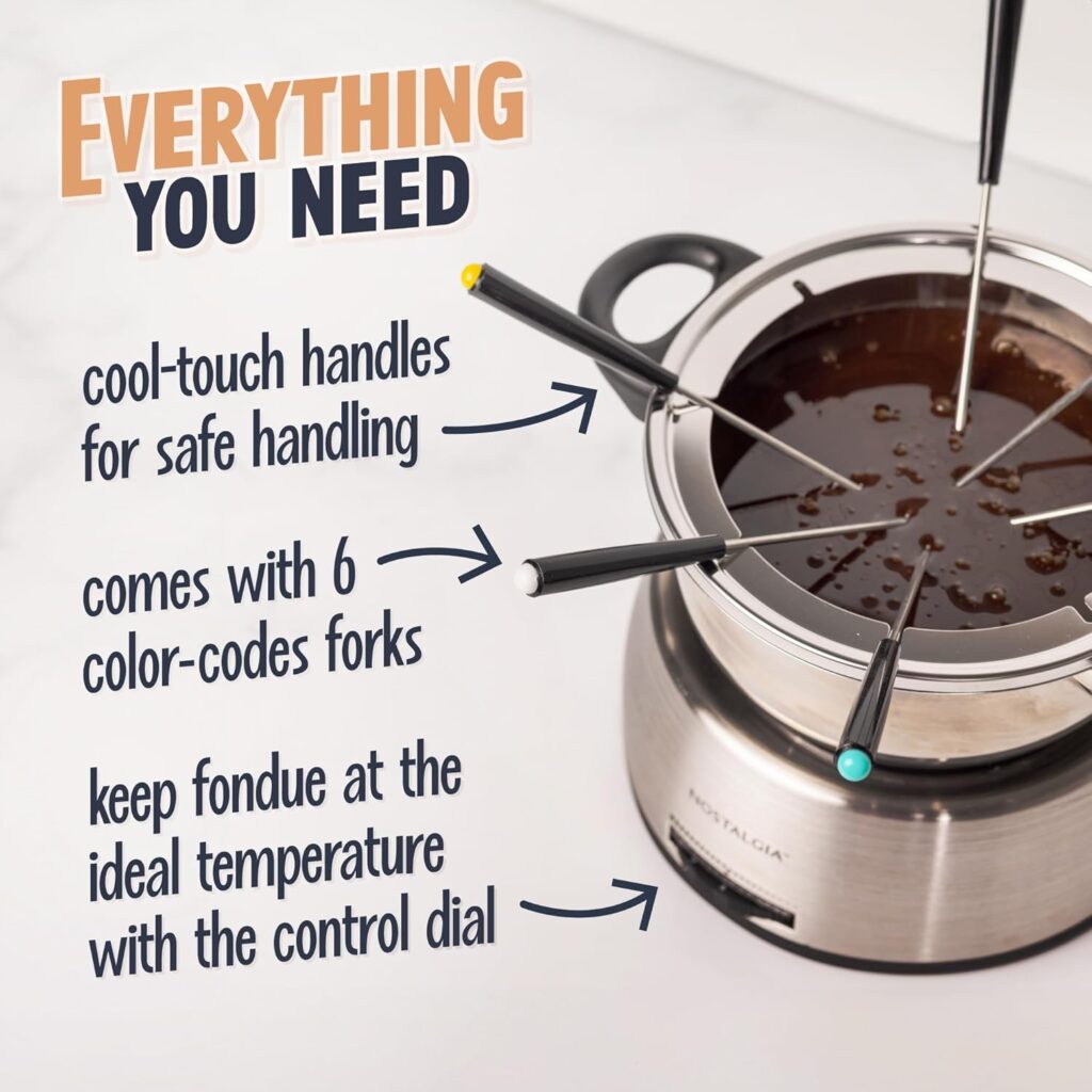 Nostalgia 6-Cup Electric Fondue Pot Set for Cheese Chocolate - 6 Color-Coded Forks, Temperature Control - Stainless Steel Kitchen Gadgets and Appliances for Hors dOeuvres and More - Stainless Steel Nostalgia 6-Cup Electric Fondue Pot Set for Cheese Chocolate - 6 Color-Coded Forks, Temperature Control - Stainless Steel Kitchen Gadgets and Appliances for Hors dOeuvres and More - Stainless Steel