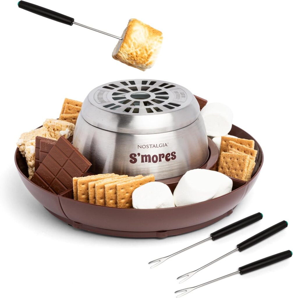 Nostalgia Tabletop Indoor Electric Smores Maker - Smores Kit With Marshmallow Roasting Sticks and 4 Trays for Graham Crackers, Chocolate, and Marshmallows - Movie Night Supplies - Brown Nostalgia Tabletop Indoor Electric Smores Maker - Smores Kit With Marshmallow Roasting Sticks and 4 Trays for Graham Crackers, Chocolate, and Marshmallows - Movie Night Supplies - Brown