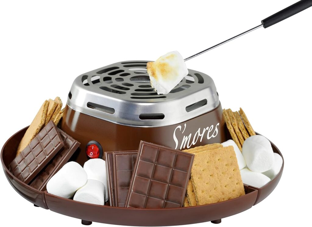 Nostalgia Tabletop Indoor Electric Smores Maker - Smores Kit With Marshmallow Roasting Sticks and 4 Trays for Graham Crackers, Chocolate, and Marshmallows - Movie Night Supplies - Brown Nostalgia Tabletop Indoor Electric Smores Maker - Smores Kit With Marshmallow Roasting Sticks and 4 Trays for Graham Crackers, Chocolate, and Marshmallows - Movie Night Supplies - Brown