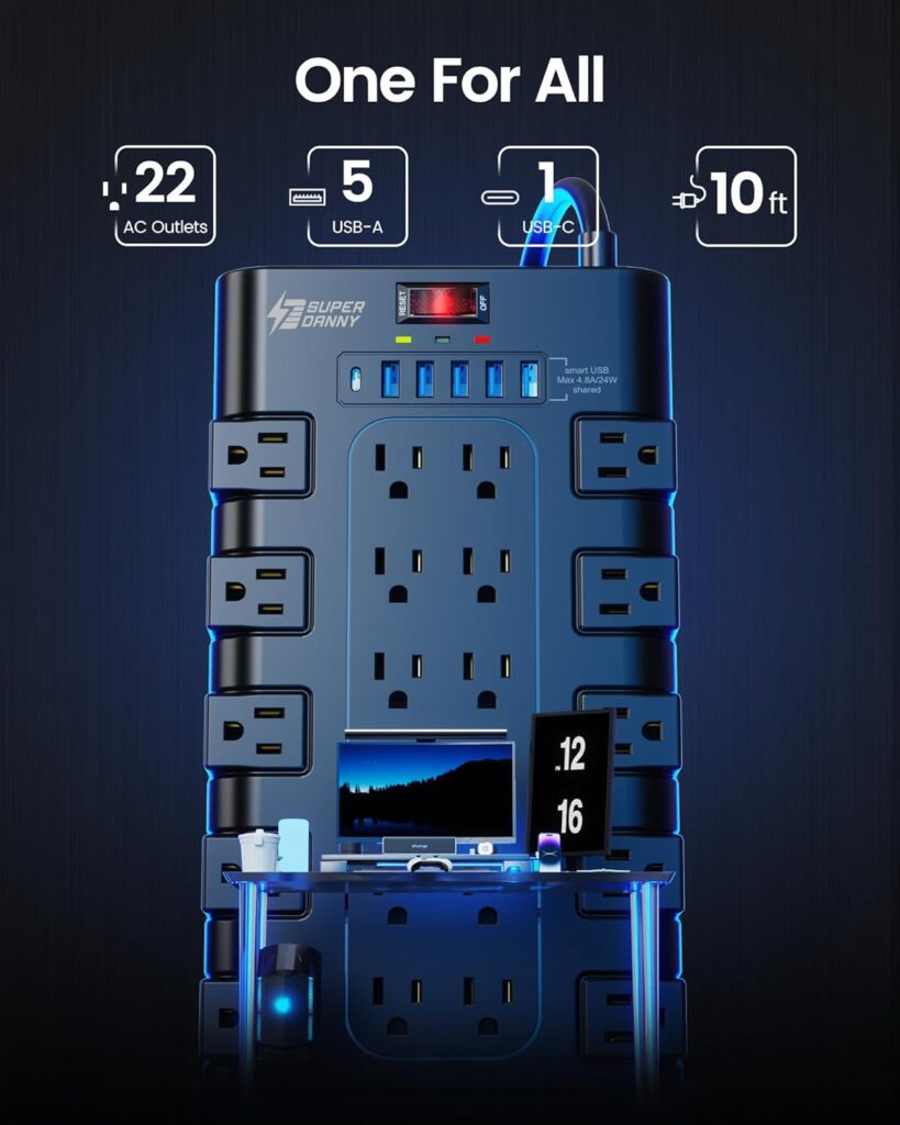 Power Strip, SUPERDANNY Surge Protector with 22 AC Outlets and 6 USB Charging Ports, 1875W/15A, 2100 Joules, 6.5Ft Flat Plug Heavy Duty Extension Cord for Home, Office, Dorm, Gaming Room, Black