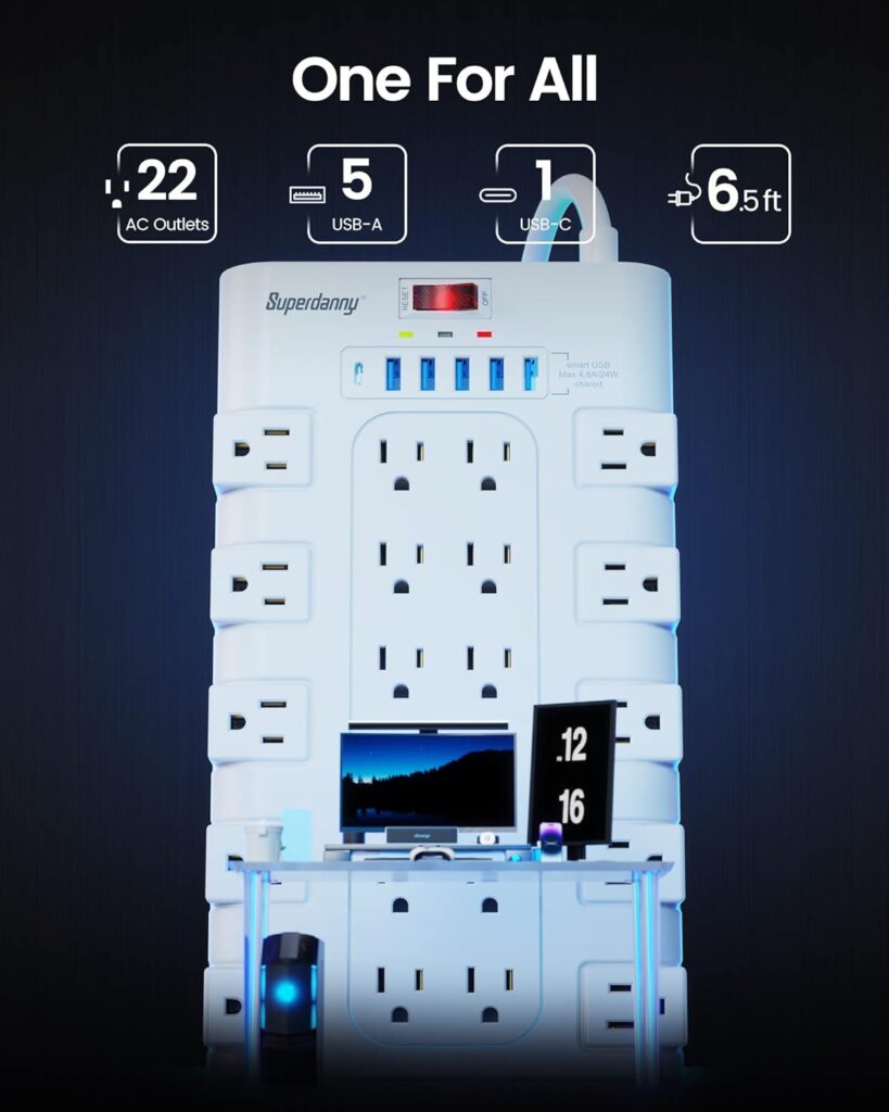 Power Strip, SUPERDANNY Surge Protector with 22 AC Outlets and 6 USB Charging Ports, 1875W/15A, 2100 Joules, 6.5Ft Flat Plug Heavy Duty Extension Cord for Home, Office, Dorm, Gaming Room, Black