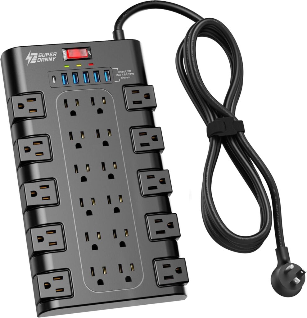 Power Strip, SUPERDANNY Surge Protector with 22 AC Outlets and 6 USB Charging Ports, 1875W/15A, 2100 Joules, 6.5Ft Flat Plug Heavy Duty Extension Cord for Home, Office, Dorm, Gaming Room, Black