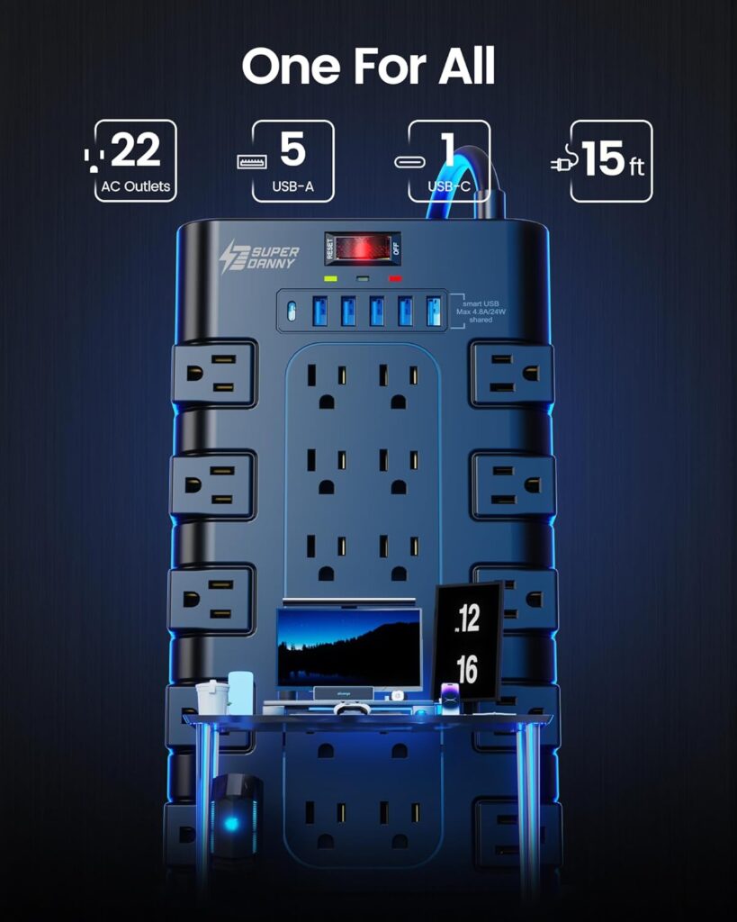Power Strip, SUPERDANNY Surge Protector with 22 AC Outlets and 6 USB Charging Ports, 1875W/15A, 2100 Joules, 6.5Ft Flat Plug Heavy Duty Extension Cord for Home, Office, Dorm, Gaming Room, Black