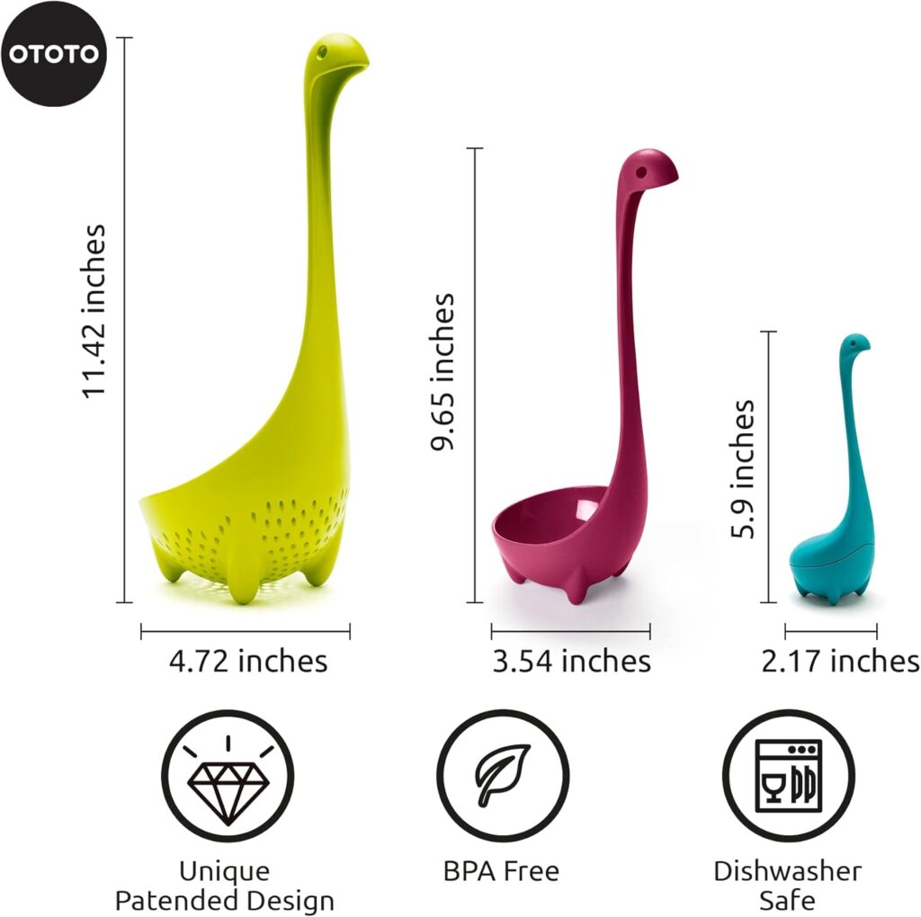 The Nessie Family by OTOTO - Pack of 3 Tea Infuser, Soup Ladle, and Colander - Cute Kitchen Accessories, Cooking Gifts, Funny Kitchen Gadgets, Kitchen Gifts The Nessie Family by OTOTO - Pack of 3 Tea Infuser, Soup Ladle, and Colander - Cute Kitchen Accessories, Cooking Gifts, Funny Kitchen Gadgets, Kitchen Gifts