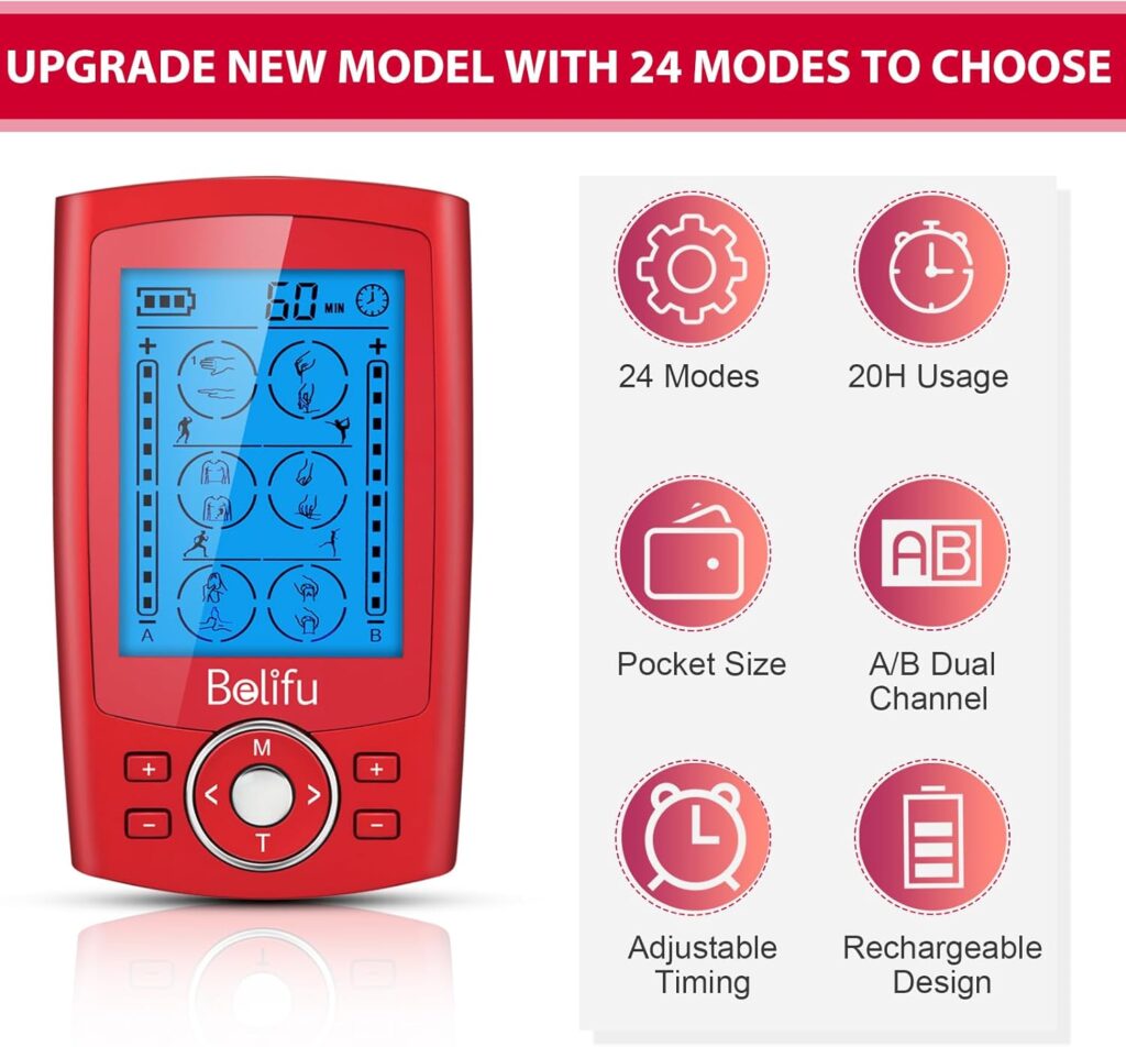 Belifu Dual Channel TENS EMS Unit 24 Modes Muscle Stimulator for Pain Relief Therapy, Electronic Pulse Massager Muscle Massager with 10 Pads, Dust-Proof Drawstring Storage Bag, Fastening Cable Ties Belifu Dual Channel TENS EMS Unit 24 Modes Muscle Stimulator for Pain Relief Therapy, Electronic Pulse Massager Muscle Massager with 10 Pads, Dust-Proof Drawstring Storage Bag, Fastening Cable Ties