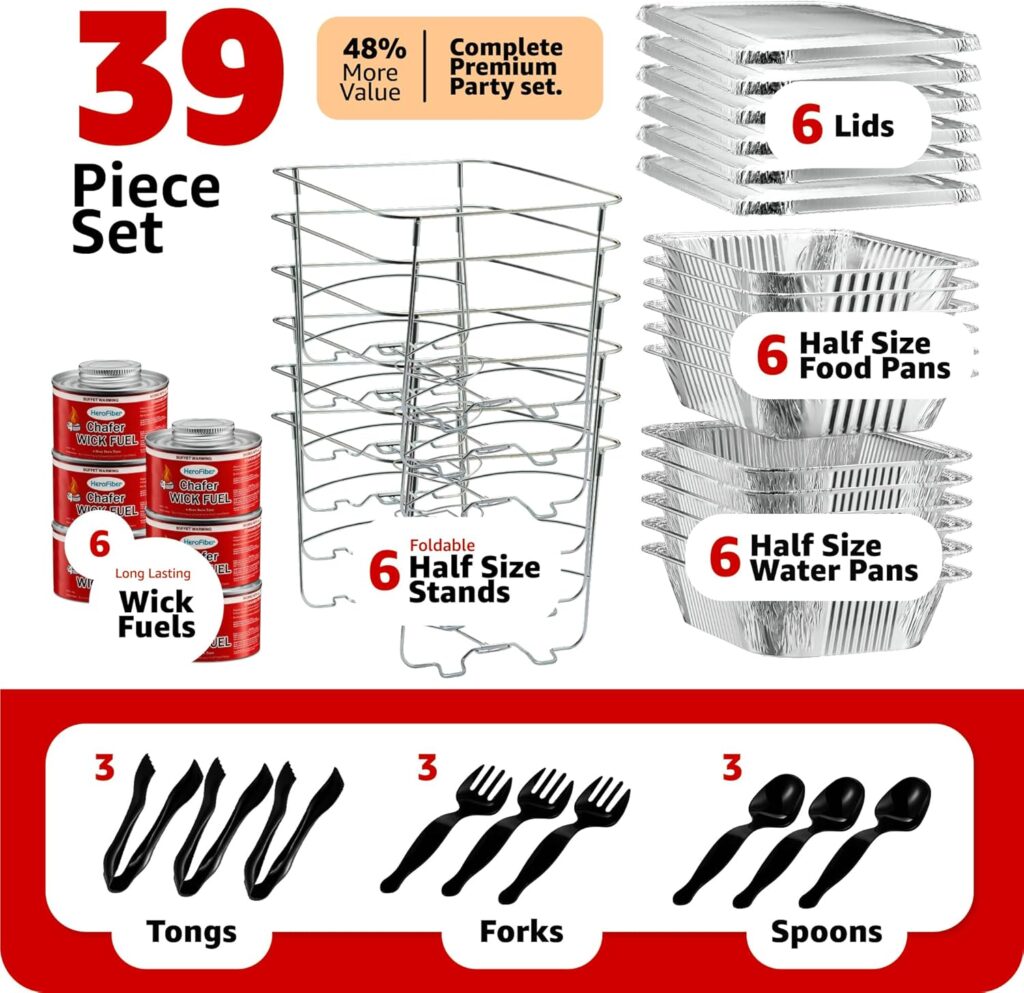 Disposable Chafing Dish Buffet Set, Food Warmers for Parties, Catering Supplies Buffet Display, Complete Premium Set, Half Size Single Pan, Warming Trays (6 Pack) Disposable Chafing Dish Buffet Set, Food Warmers for Parties, Catering Supplies Buffet Display, Complete Premium Set, Half Size Single Pan, Warming Trays (6 Pack)