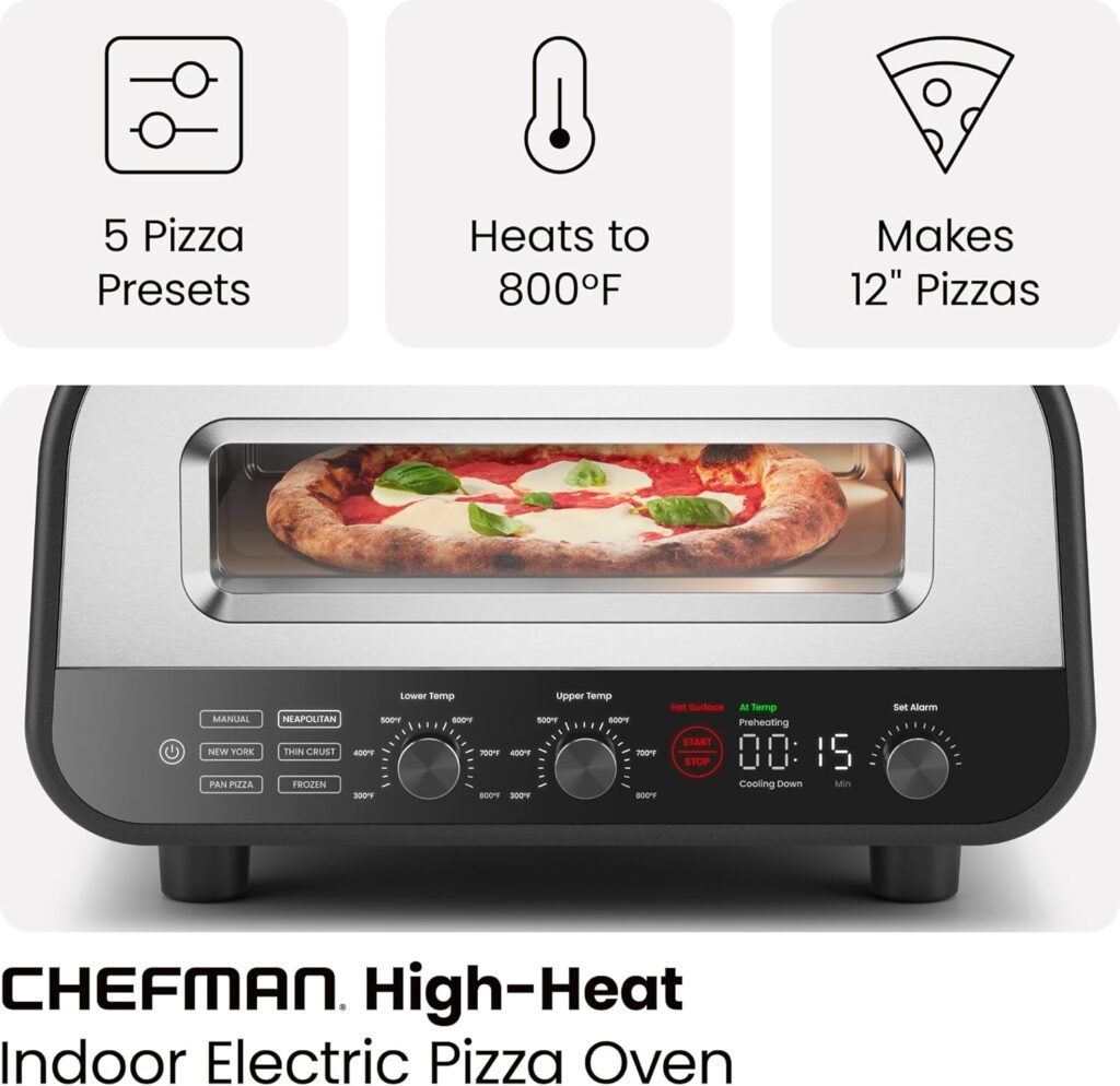 CHEFMAN Indoor Pizza Oven - Makes 12 Inch Pizzas in Minutes, Heats up to 800°F - Countertop Electric Pizza Maker with 5 Touchscreen Presets, Pizza Stone and Peel Included - Stainless Black