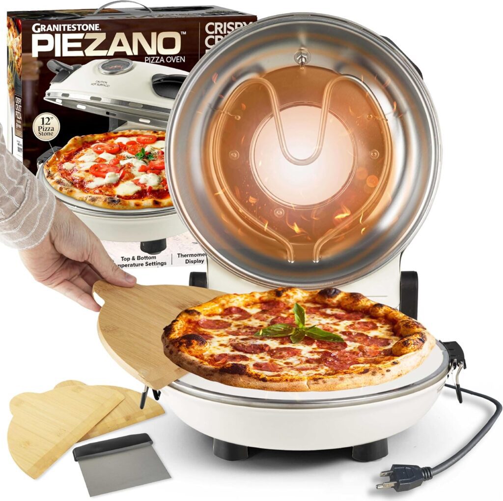 PIEZANO Crispy Crust Pizza Oven by Granitestone - Electric Indoor Portable, 12 Inch Countertop Pizza Maker, Heats up to 800F for Stone Baked Pizza at Home - Cream PIEZANO Crispy Crust Pizza Oven by Granitestone - Electric Indoor Portable, 12 Inch Countertop Pizza Maker, Heats up to 800F for Stone Baked Pizza at Home - Cream